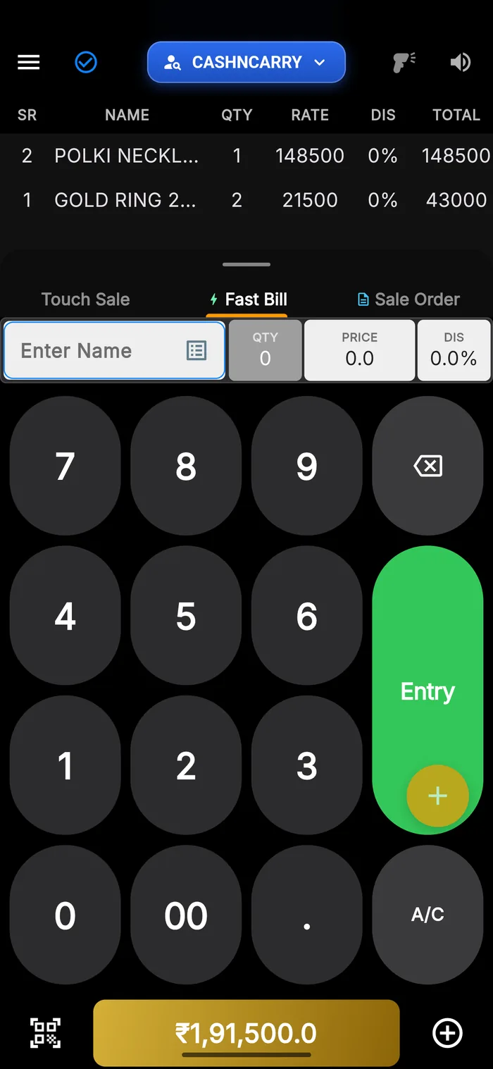 The Fast Bill keypad with two items in the cart and a total of ₹1,91,500.
