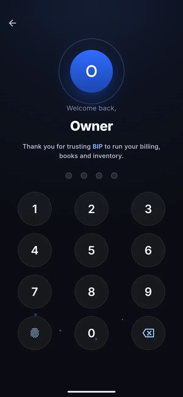 The PIN screen: welcome back, Owner.