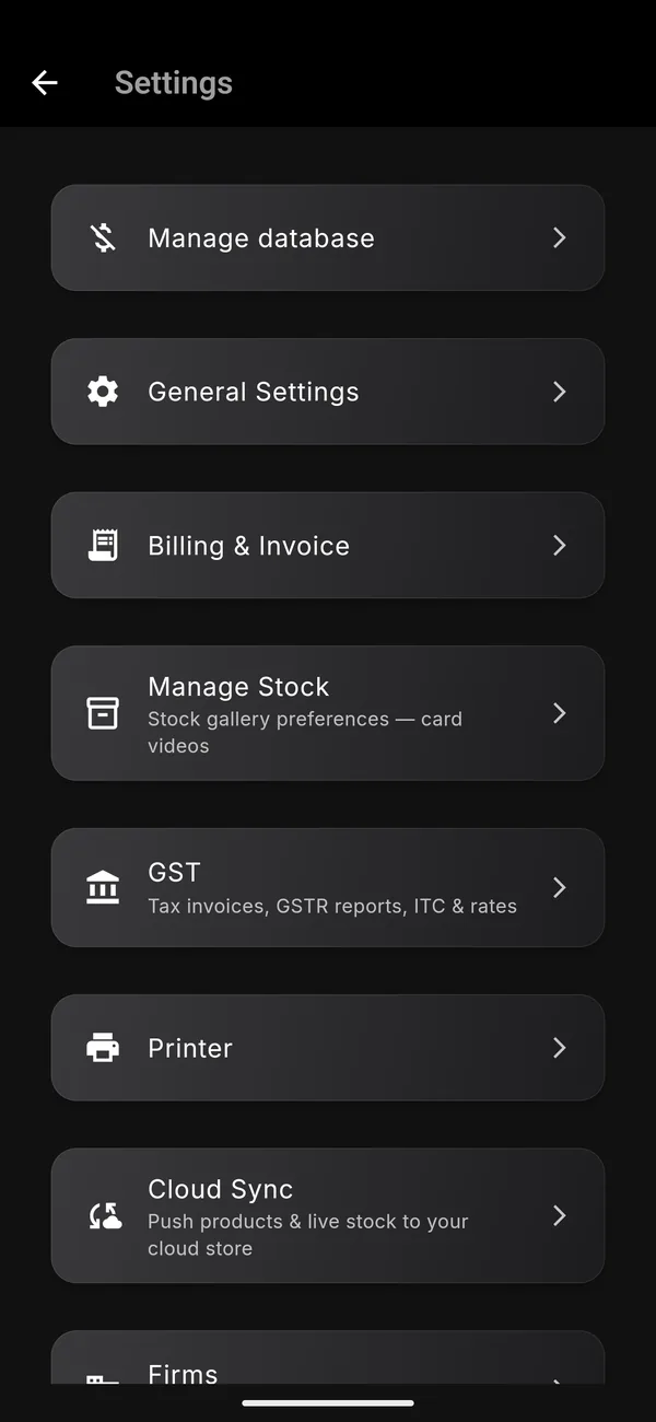 Settings: database, billing, stock, GST, printer and cloud sync.