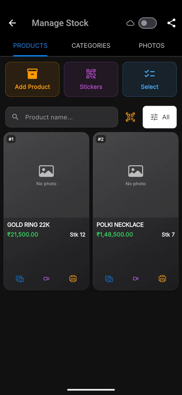 Manage Stock showing products with price and stock count.