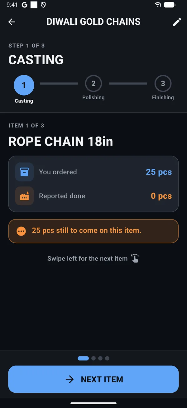 An order’s items, each counted against what was ordered.
