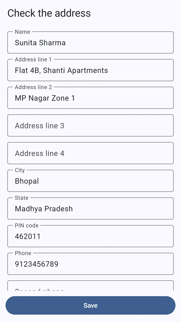 Check the address: a pasted message split into name, address lines, city, state, PIN code and phone.