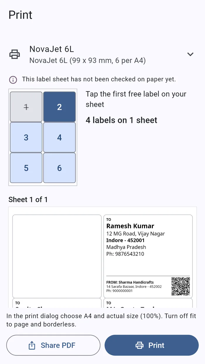 The print screen: the first free label chosen on a sheet of six, and the sheet as it will print.